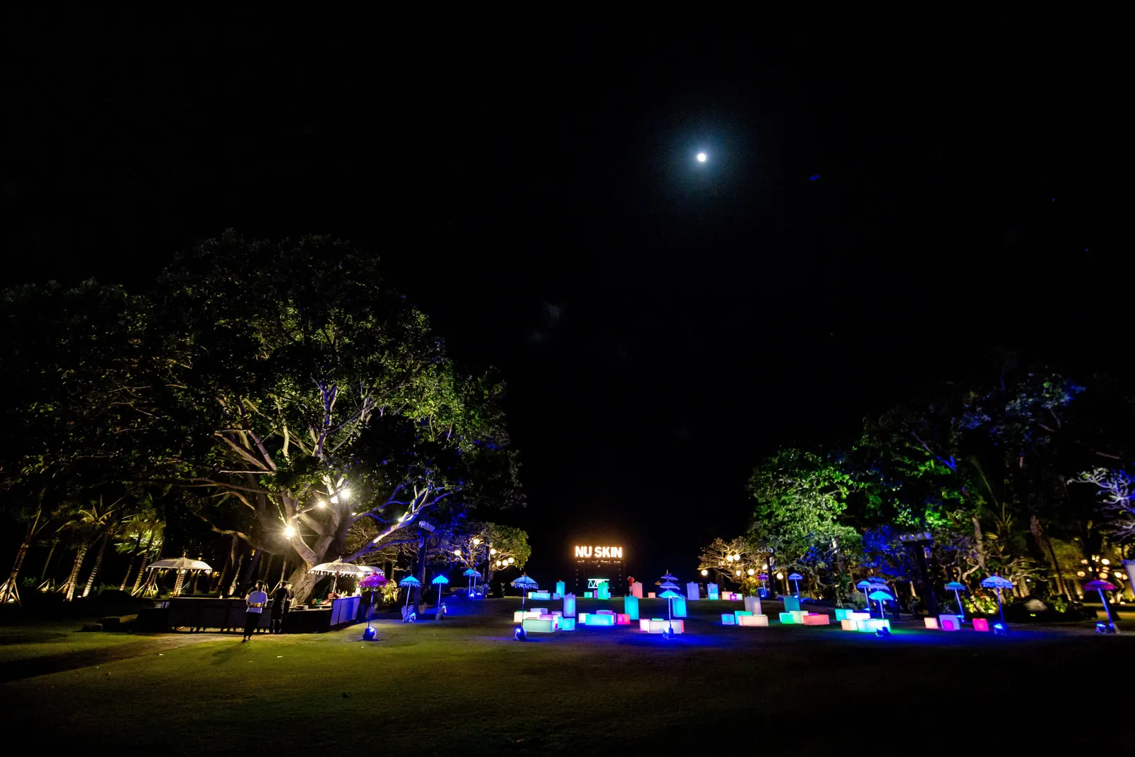 The event at night from across the water, palms lit in colour behind the stage